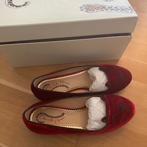 Charlotte Olympia Red Velvet Loafer Flat Size 38.5